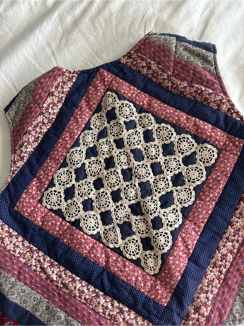 Patchwork Vintage Handmade Quilted Vest in Navy, Red, Cream Floral - Picture 7 of 9